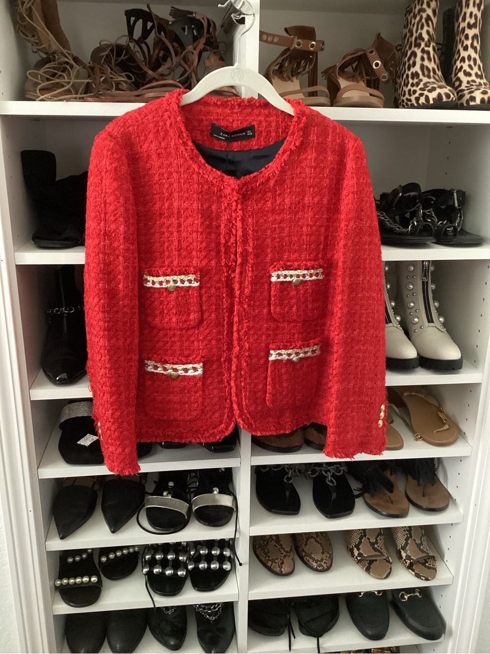Zara Bright Red Tweed Pocket Jacket